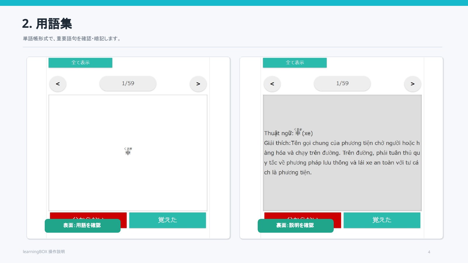 用語集で重要語句を確認する画面
